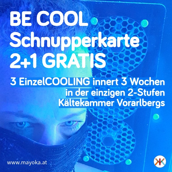 Frau in Kältekammer mit dem Hinweis auf die 2+1 Gratis BE COOL Schnupperkarte